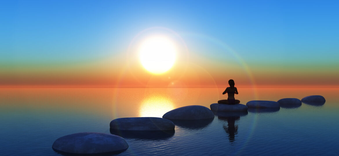 3D female in yoga pose on stepping stones in the ocean