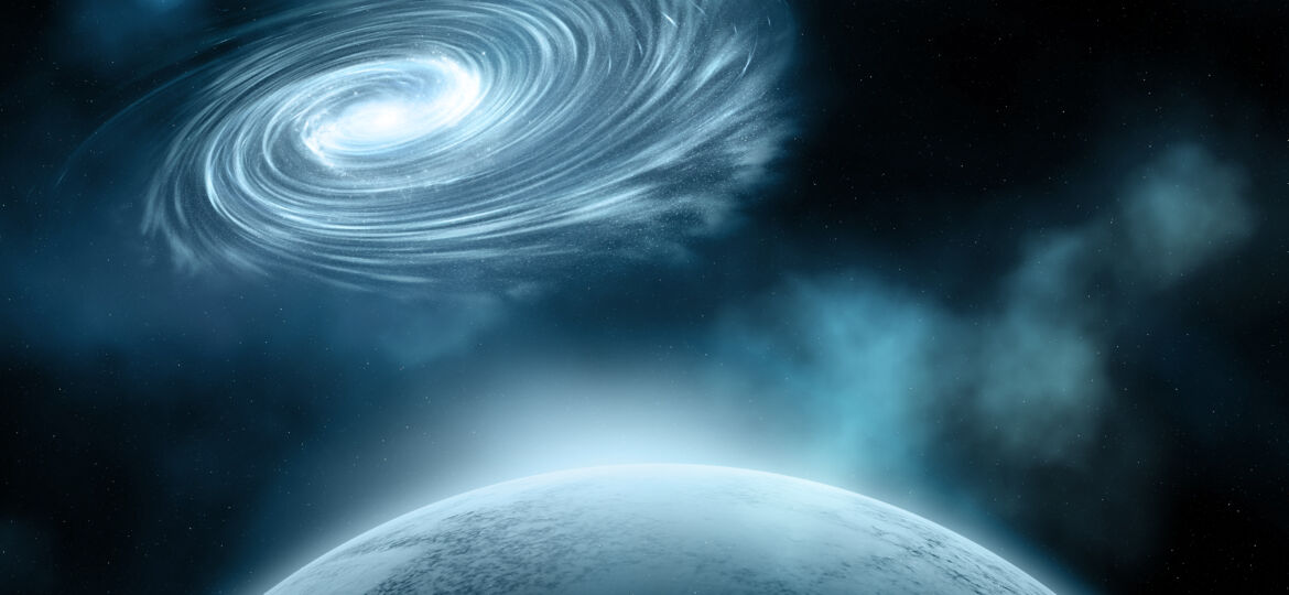 Night sky with fictional planet and galaxy